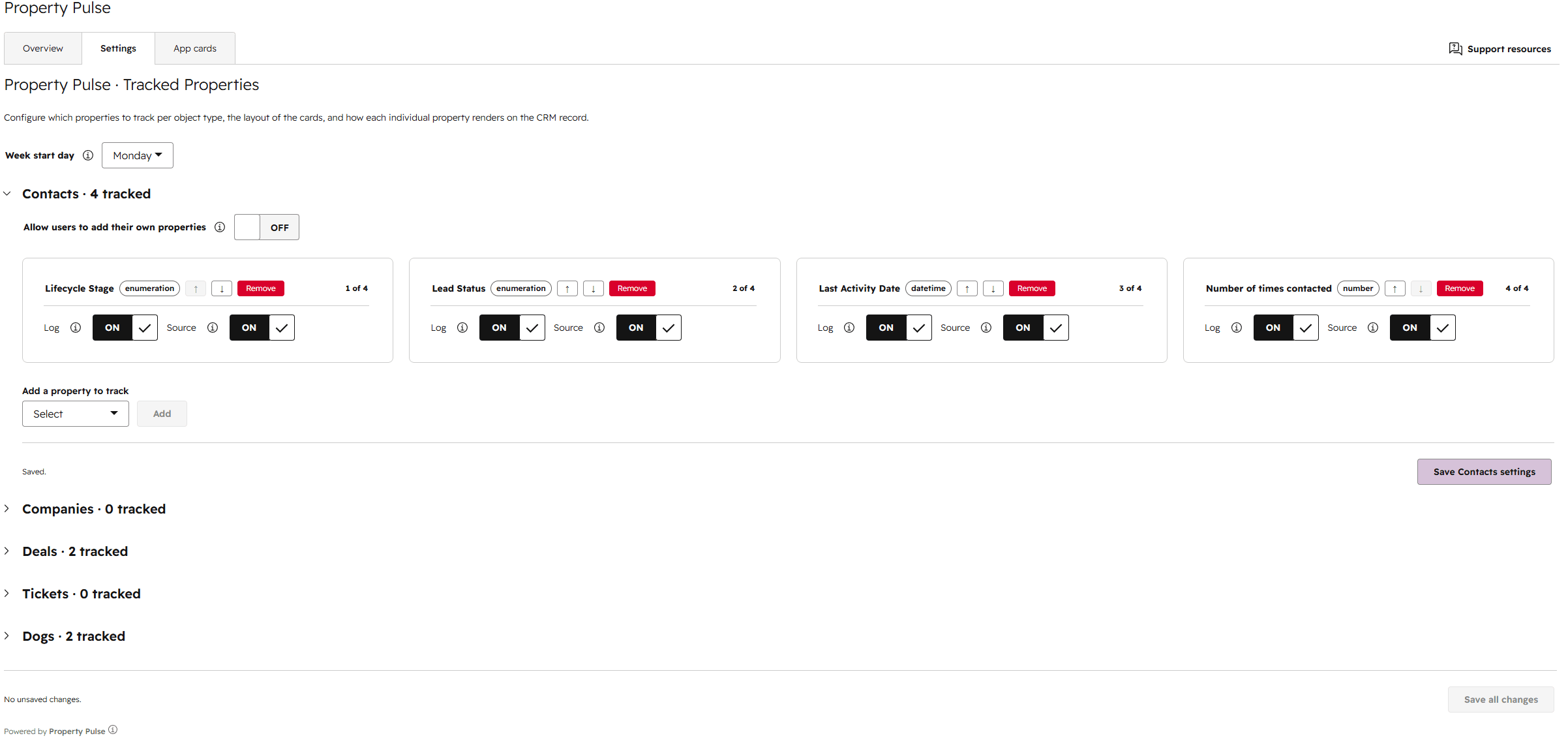 Property Pulse settings page with Tracked Properties accordions per object type.
